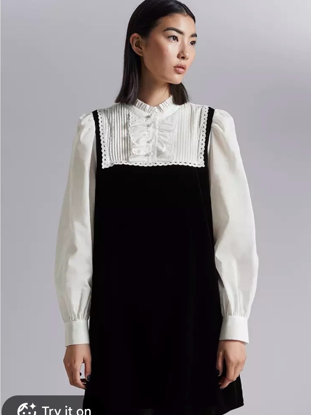 & Other Stories Black Mini Dress with White Pleated Bib